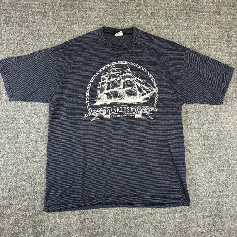 Vintage 1990 Cal Cru Charleston SC Sailing Ship Striped T-Shirt Mens XL Navy